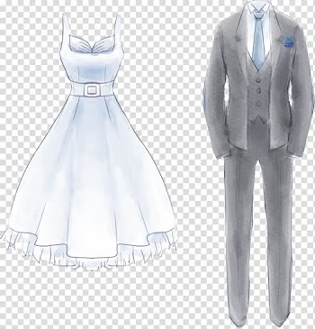 Woman's white dress and man's black and gray suit dress illustration, Wedding dress Watercolor painting Formal wear, Painted wedding and gray dress transparent background PNG clipart