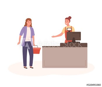 Woman shopper with basket and seller at checkout vector flat illustration