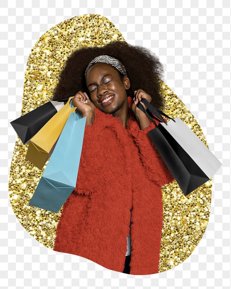 Woman shopping png sticker, gold | Free PNG - rawpixel