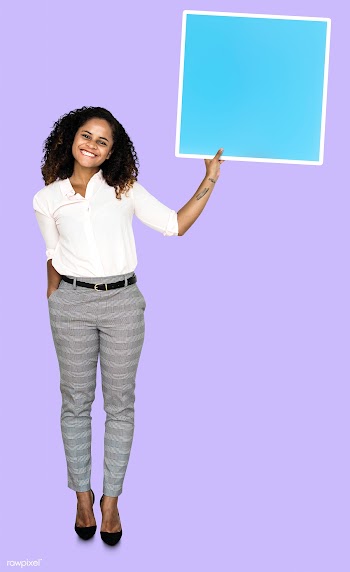 Woman showing a blank blue square board | Free stock psd mockup - 493223