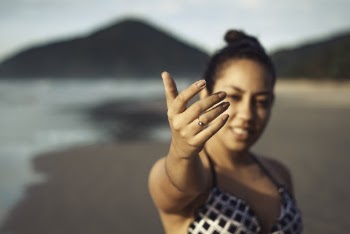 Woman Showing Her Right Hand at the Beach