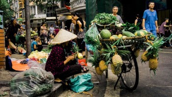 Woman Sitting Beside Tray of Fruits