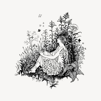 Woman sitting in grass drawing, | Free Vector - rawpixel