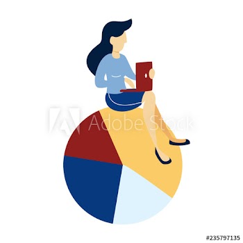 Woman sitting on a big round diagram and work