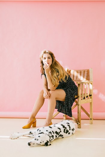 Woman Sitting on Armchair and Dalmatian Lying Down on Floor
