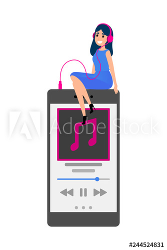 Woman sitting on big smartphone and listen to the music