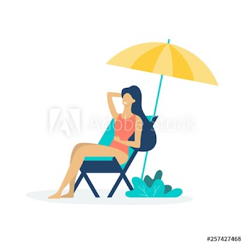 Woman sitting on the chaise lounge under the sun