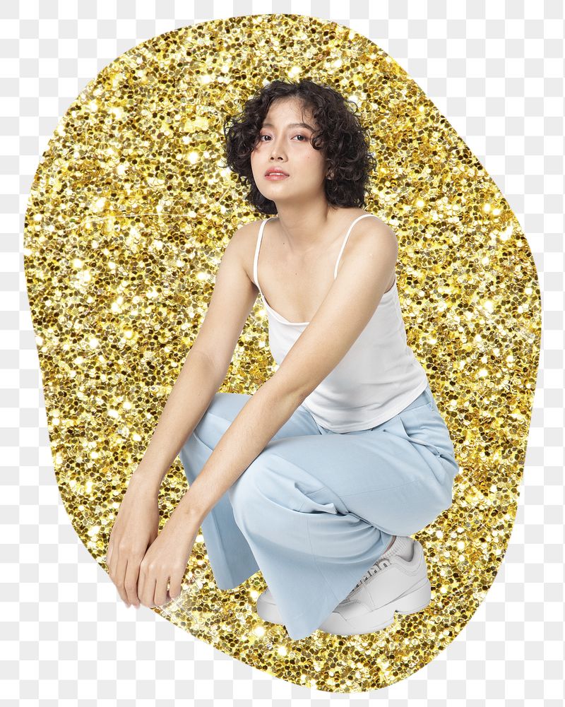 Woman sitting png sticker, gold | Free PNG - rawpixel