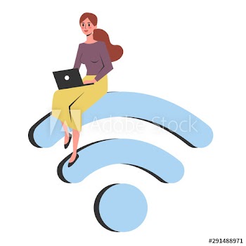 Woman sitting with a laptop computer on the wifi icon