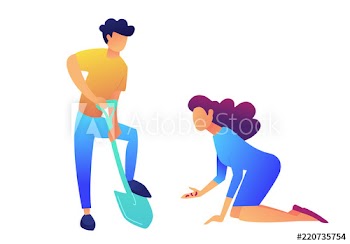 Woman sitting with seeds and men digging with shovel vector illustration