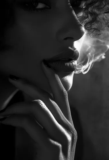 Woman Smoking Cigarette in Atmospheric Black and White Close-Up