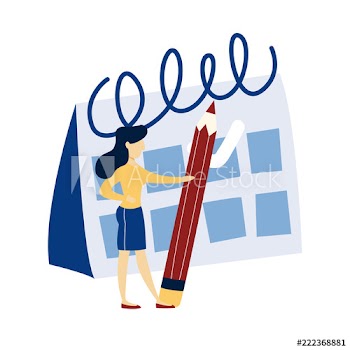 Woman standing at a giant calendar with pencil