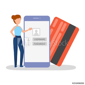 Woman standing at mobile phone and credit