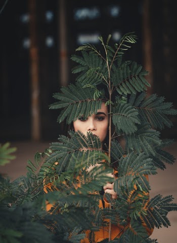 Woman Standing Behind Green Plant