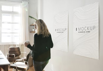 Woman Standing Near White and Black Mock Up Poster