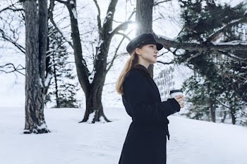 Woman Standing Snowy Wood