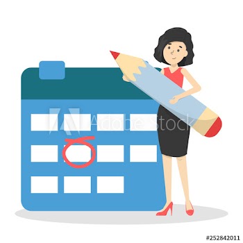 Woman standing with big pencil at a giant calendar