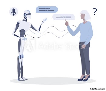 Woman talking to robot