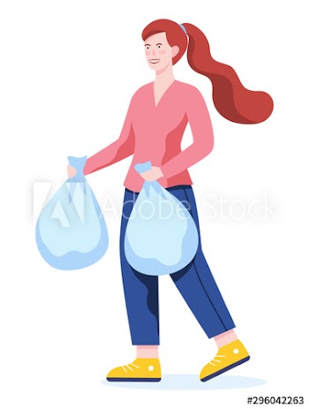 Woman throw bag with garbage in a trash bin