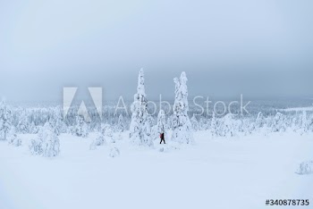 Woman trekking through the snow in  Lapland, Finland