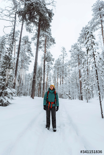 Woman trekking through the snow in  Lapland, Finland
