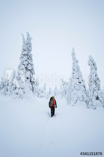 Woman trekking through the snow in  Lapland, Finland