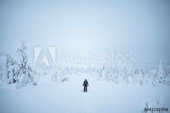 Woman trekking through the snow in Lapland, Finland