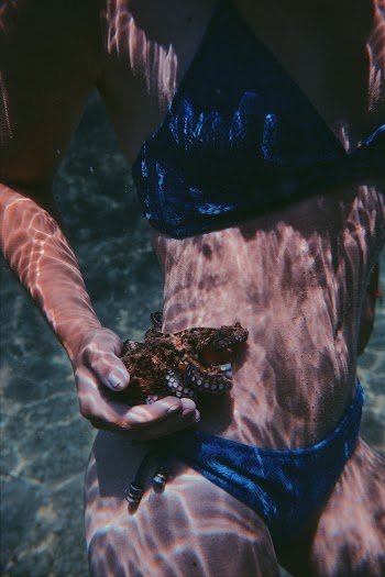 Woman Under Water Holding A Small Octopus