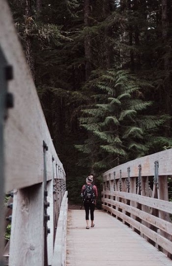 woman walking on brown wooden bridge