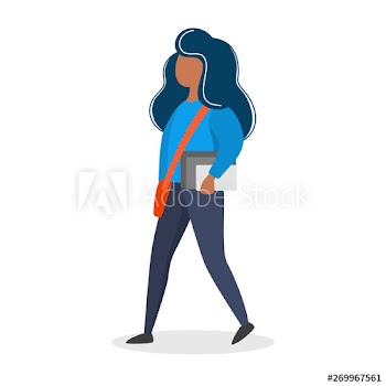Woman walking with the books and bag