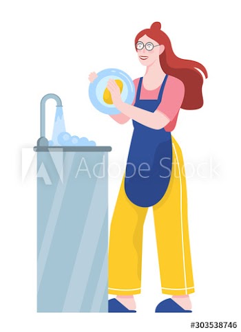 Woman washing up dishes after eating
