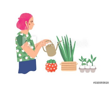 Woman watering houseplants flat vector illustration