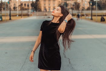 Woman Wearing Black Crew Neck Mini Dress 
