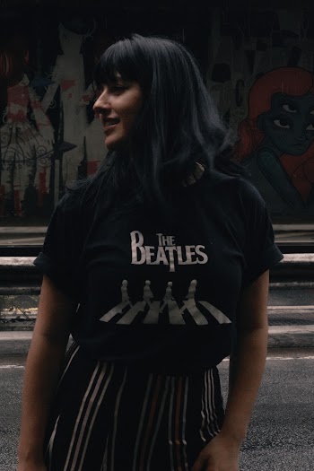 Woman Wearing Black the Beatles Abbey Road T-shirt