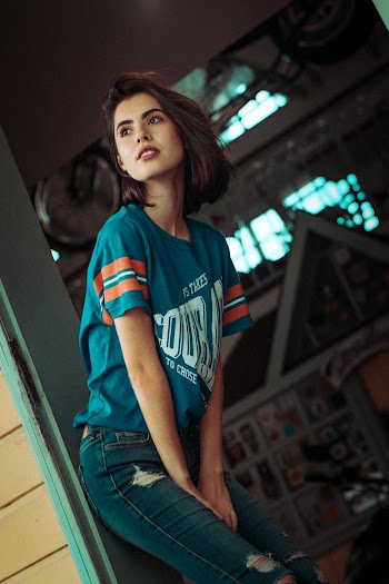 Woman Wearing Blue Crew-neck T-shirt