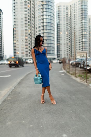 Woman Wearing Blue Spaghetti Strap Dress