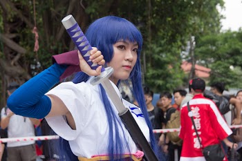 Woman Wearing Blue Wig