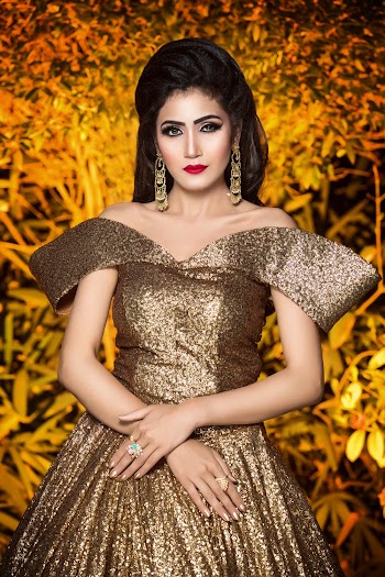 Woman Wearing Gold-colored Off-shoulder Dress