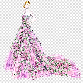 Woman wearing pink and green botanical taupe dress , Fashion illustration Drawing Illustrator Illustration, Hand-painted flower fairy dress beauty transparent background PNG clipart