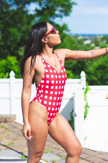 Woman Wearing Red And White Checked One-piece Swimsuit