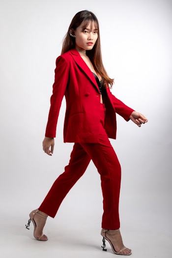 Woman Wearing Red Blazer and Dress Pants