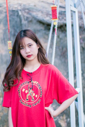 Woman Wearing Red Crew-neck T Shirt