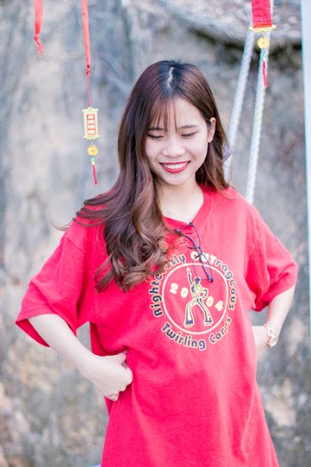 Woman Wearing Red Crew-neck T-shirt