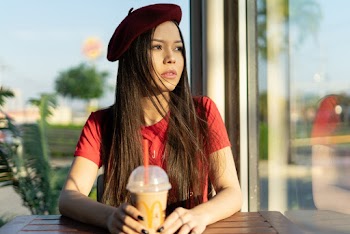 Woman Wearing Red Crew-neck T-shirt and Red Flat Cap