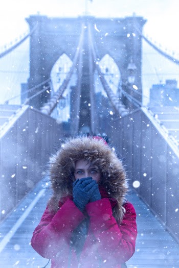 Woman Wearing Red Parka Jacket While Standing on Brooklyn Bridge