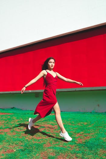 Woman Wearing Red Spaghetti Strap V-neck Dress 