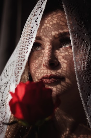 Woman Wearing Veil While Holding Red Rose