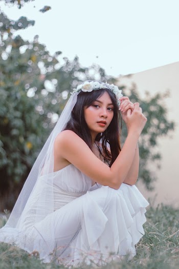 Woman Wearing Wedding Dress And Veil