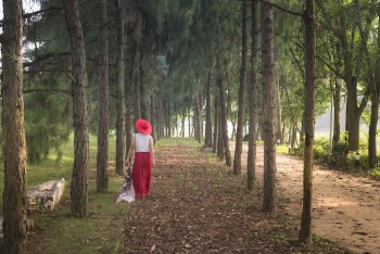 Woman Wearing White And Red Dress And Red Hat Standing Beside Tall Tress