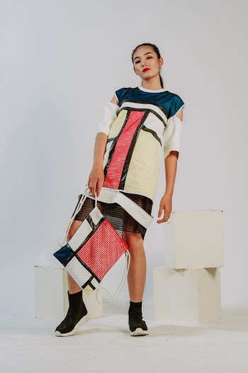 Woman Wearing White-blue-and-red Cold-sleeved Mini Dress and Bag Set
